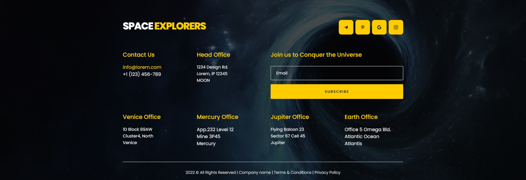 footer space explorers layout by deivi.expert